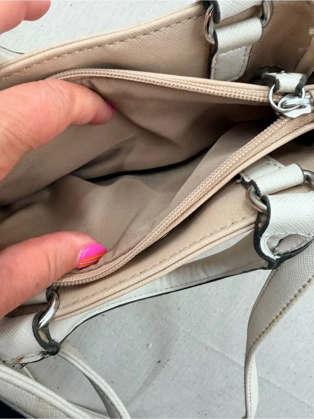 Nicole Miller Beige and White Leather Satchel with Long Strap